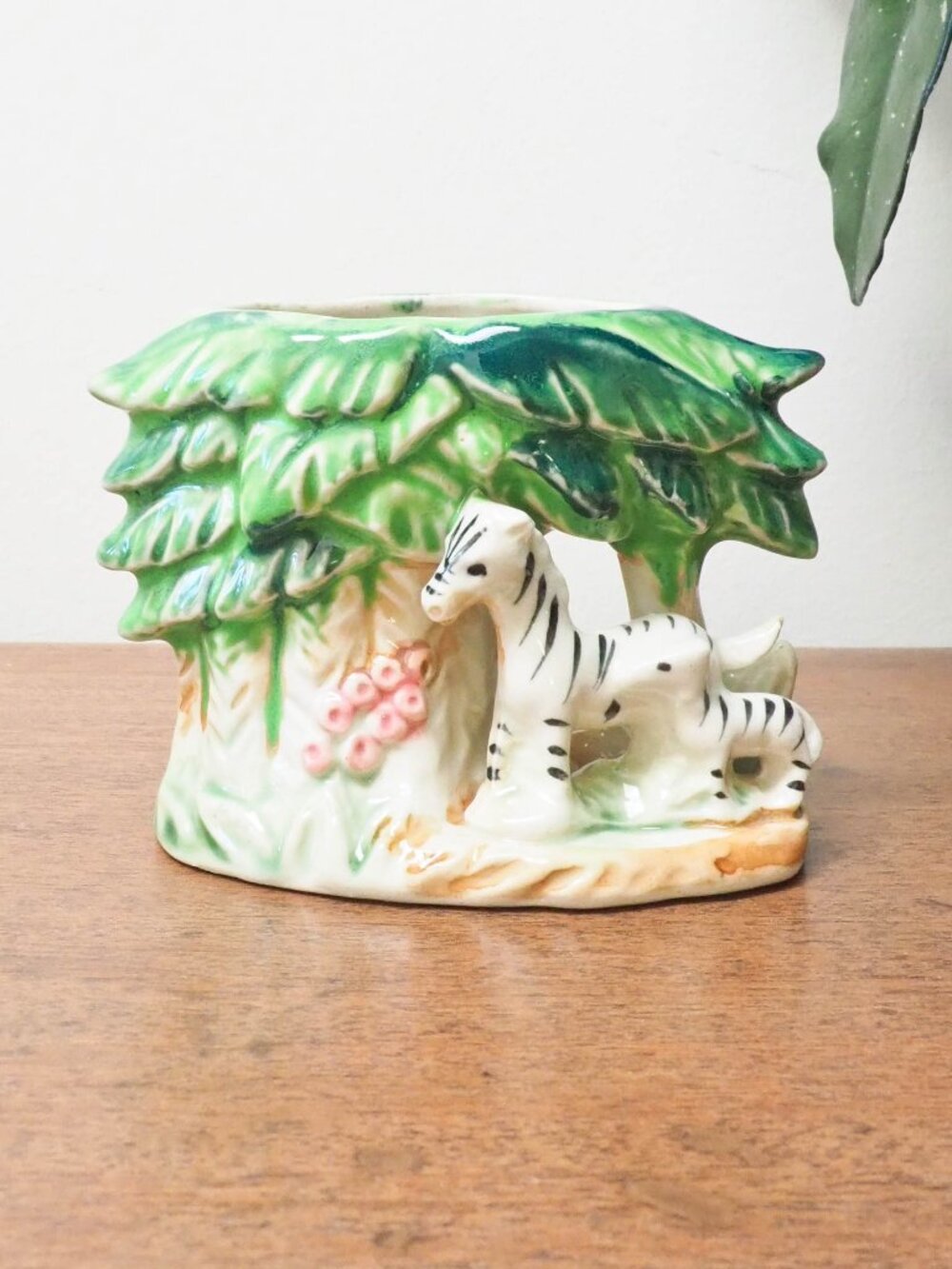 Vtg Zebra Jungle Planter - Vintage Ceramic Planter - Hand Decorated Shafford